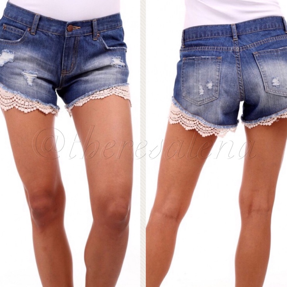 LAST ONE! Destroyed Side Crochet Denim Shorts - Picture 3 of 5